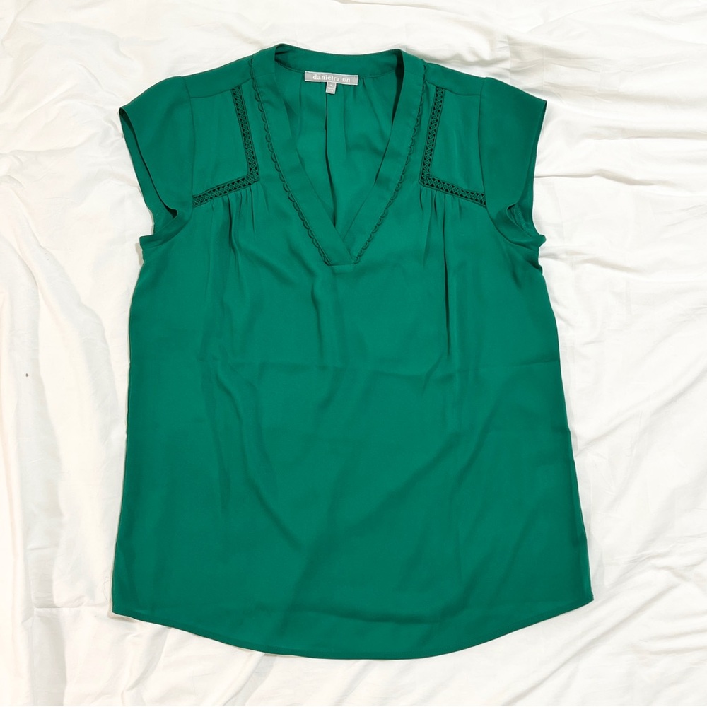 Daniel Rainn Emerald Green V-Neck Blouse with Embroidered Details